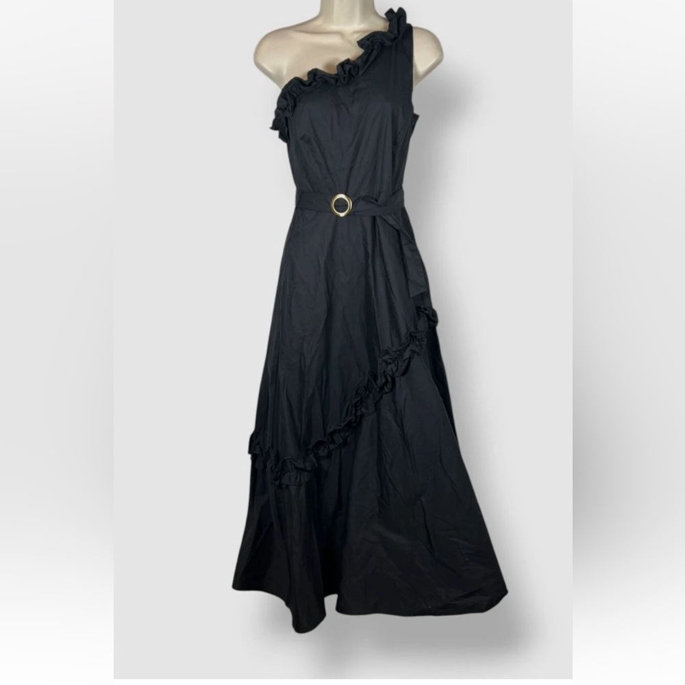 Taylor Black One Shoulder A-line Ruffle Detail Dress Size 8